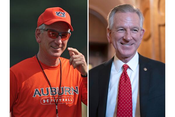 At left, Auburn coach Tommy Tuberville watches during practice in Auburn, Ala., Aug. 6, 2008 and at right, Sen. Tommy Tuberville, R-Ala., arrives for votes at the Capitol in Washington, March 28, 2023. (AP Photo/File