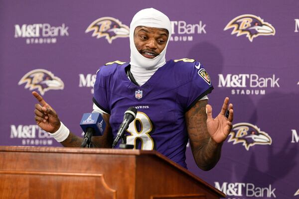 Baltimore Ravens quarterback Lamar Jackson speaks during a news conference following an NFL football game against the Cleveland Browns Saturday, Jan. 4, 2025, in Baltimore. The Ravens won 35-10. (AP Photo/Nick Wass)