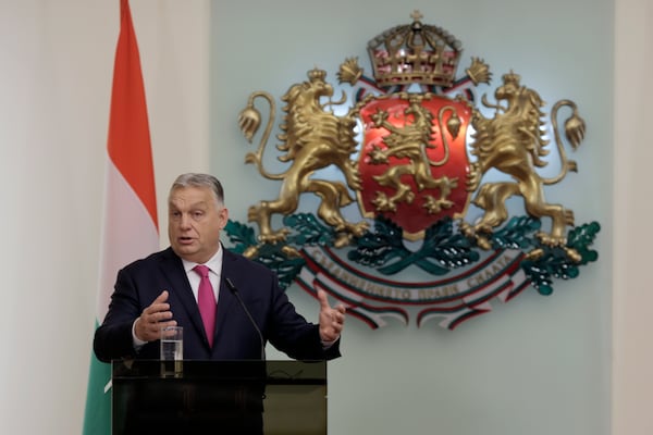 Hungary's Prime Minister Viktor Orban speaks during his visit at Bulgarian presidency in Sofia on Friday, Dec. 20, 2024. (AP Photo/Valentina Petrova)