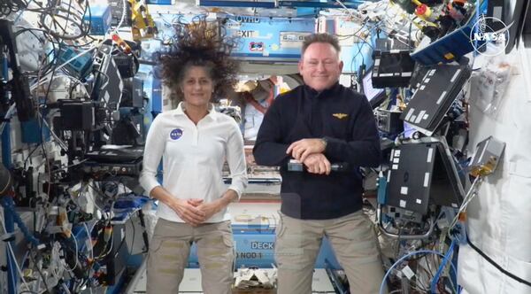 FILE - This image made from a NASA live stream shows NASA astronauts Suni Williams and Butch Wilmore during a press conference from the International Space Station on Friday, Sept. 13, 2024. (NASA via AP, File)