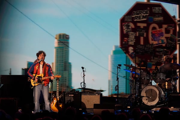 Taylor Goldsmith of Dawes performs during the FireAid benefit concert on Thursday, Jan. 30, 2025, at The Forum in Inglewood, Calif. (AP Photo/Chris Pizzello)