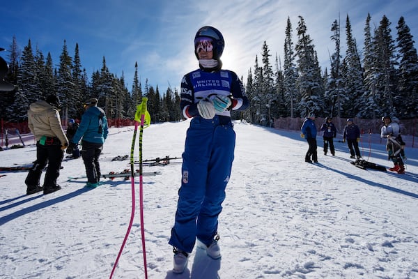 Lindsey Vonn prepares to be a forerunner at a women's World Cup downhill training run, Wednesday, Dec. 11, 2024, in Beaver Creek, Colo. (AP Photo/John Locher)