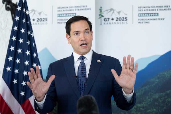 US Secretary of State Marco Rubio speaks with reporters following the G7 foreign ministers meeting in La Malbaie, Quebec, Canada, on Friday, March 14, 2025. (Saul Loeb, Pool Photo via AP)