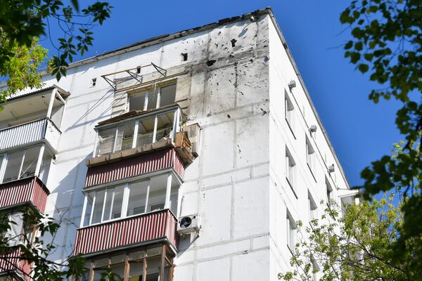 This photo shows an apartment building where the downed Ukrainian drone fell at in Moscow, Russia, Tuesday, May 6, 2025. (AP Photo)