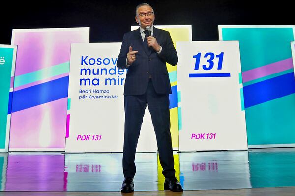 Bedri Hamza addresses supporters during a campaign rally ahead of the parliamentary election in Hani i Elezit, Kosovo, Thursday, Jan. 16, 2025. (Astrit Ibrahimi/PDK via AP)