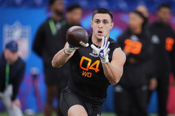 TCU wide receiver Jack Bech runs a drill at the NFL football scouting combine in Indianapolis, Saturday, March 1, 2025. (AP Photo/Michael Conroy)