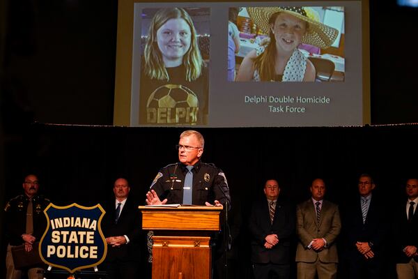 FILE - Indiana State Police Superintendent Doug Carter announces the arrest of Richard Allen for the murders of two teenage girls killed in 2017, during a news conference in Delphi, Ind., Oct. 31, 2022. (AP Photo/Michael Conroy, File)