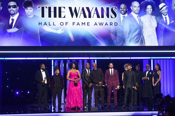 Craig Wayans, from left, Chaunté Wayans, Kim Wayans, Marlon Wayans, Damon Wayans Sr., Damon Wayans Jr., and Damien Dante Wayans are given the NAACP Hall of Fame award during the 56th NAACP Image Awards on Saturday, Feb. 22, 2025, in Pasadena, Calif. (Photo by Richard Shotwell/Invision/AP)