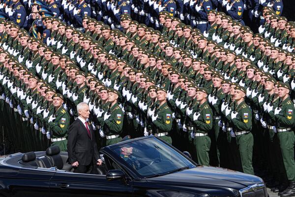 Russian Defense Minister Andrei Belousov is driven along Red Square in an Aurus car during the Victory Day military parade in Moscow, Russia, Friday, May 9, 2025, marking the 80th anniversary of the Soviet Union's victory over Nazi Germany during the World War II. (Alexander Wilf/Photo host agency RIA Novosti via AP)