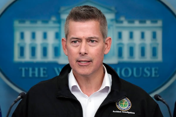 Transportation Secretary Sean Duffy speaks in the James Brady Press Briefing Room at the White House, Thursday, Jan. 30, 2025, in Washington. (AP Photo/Alex Brandon)