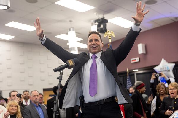 Genesee County Sheriff Chris Swanson announces his campaign to run for governor of Michigan in the 2026 election Thursday, Feb. 6, 2025, at Mott Community College in Flint, Mich. (Jake May/The Flint Journal via AP)