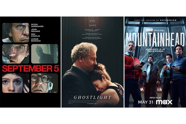 This combination of images shows promotional art for "September 5", from left, "Ghostlight", and "Mountainhead." (Prime Video/Kanopy/HBO Max via AP)