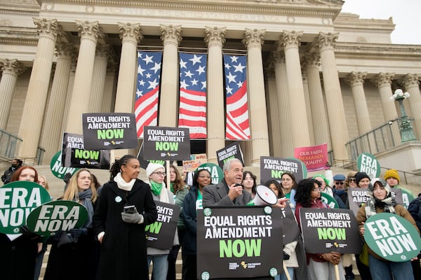 American Constitution Society President and former Senator Russell Feingold speaks during a rally in front of the National Archives to highlight President Joe Biden's decision to declare the Equal Rights Amendment (ERA) as the 28th Amendment to the United States Constitution, Friday, Jan. 17, 2025, in Washington. (AP Photo/Rod Lamkey, Jr.)