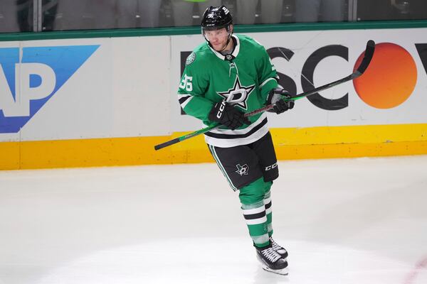 Dallas Stars' Mikko Rantanen skates on the ice after scoring against the Colorado Avalanche in the third period in Game 7 of a first-round NHL hockey playoff series Saturday, May 3, 2025, in Dallas. (AP Photo/Julio Cortez)