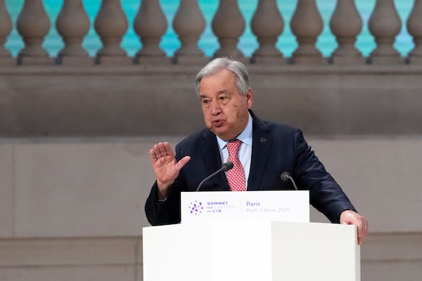 United Nations Secretary General Antonio Guterres addresses the audience at the Grand Palais during the Artificial Intelligence Action Summit in Paris, Tuesday, Feb. 11, 2025. (AP Photo/Michel Euler)