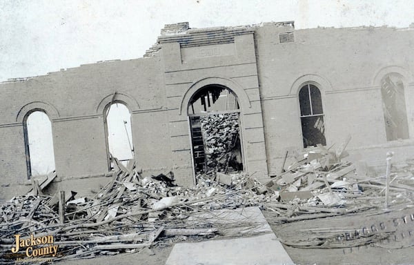 This photo provided by the Jackson County (Ill.) Historical Society shows a school in DeSoto, Ill., where dozens of children were killed, after a tornado tore through Indiana, Illinois, and Missouri in March 1925. (Jackson County (Ill.) Historical Society via AP)