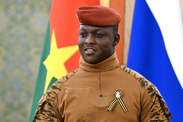 Burkina Faso President Ibrahim Traore arrives to meet Russian President Vladimir Putin in the Grand Palace at the Kremlin in Moscow, Russia, on Saturday, May 10, 2025. (Stanislav Krasilnikov/RIA Novosti via AP)