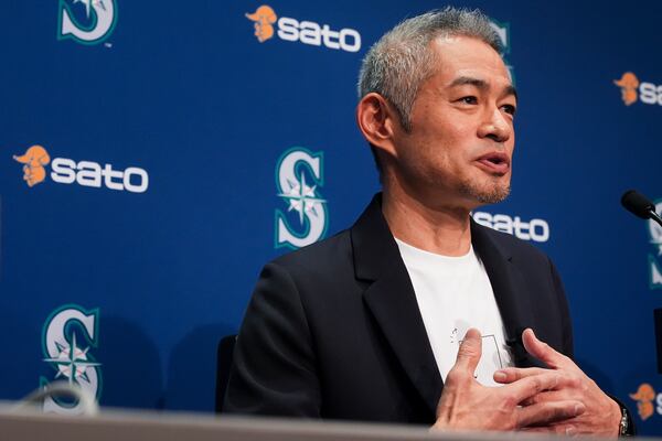 Former Seattle Mariners right fielder Ichiro Suzuki speaks during a press conference following his election to the National Baseball Hall of Fame Tuesday, Jan. 21, 2025, in Seattle. (AP Photo/Lindsey Wasson)