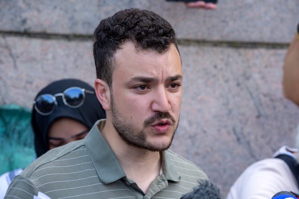 FILE - Student negotiator Mahmoud Khalil is on the Columbia University campus in New York at a pro-Palestinian protest encampment on April 29, 2024. (AP Photo/Ted Shaffrey, file)