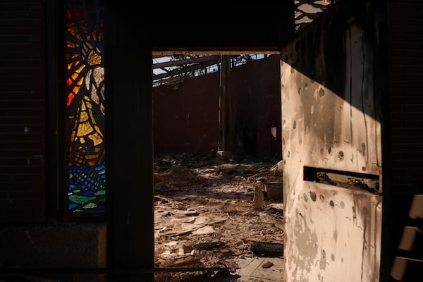 Corpus Christi Church destroyed by the Palisades Fire is seen in Palisades, Calif., Wednesday, Jan. 15, 2025. (AP Photo/Jae C. Hong)