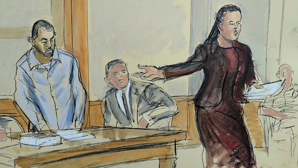 In this courtroom sketch, Public Defender Lynn Shaffer asks her client, Hadi Matar, left, to stand while giving her opening statement in his the trial iin Chautauqua County court, in Mayville, NY, Monday, Feb. 10, 2025. (Elizabeth Williams via AP)