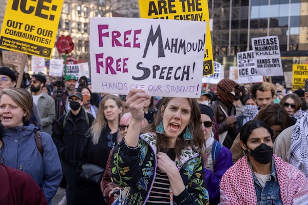 A protester chants during a demonstration in support of Palestinian activist Mahmoud Khalil, Monday, March 10, 2025, in New York. (AP Photo/Yuki Iwamura)