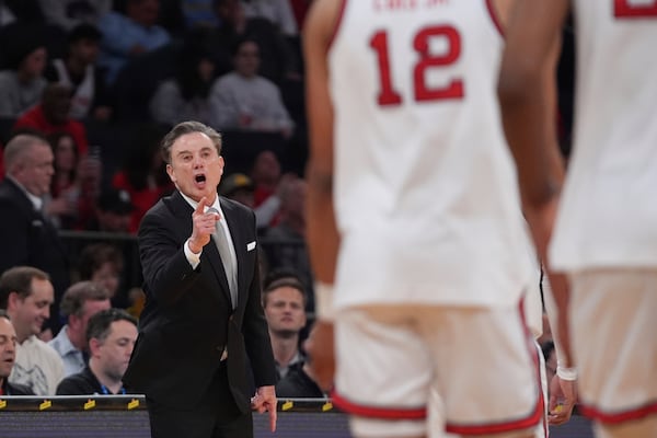 St. John's head coach Rick Pitino calls out to his team during the first half of an NCAA college basketball game against the Marquette in the semifinals of the Big East tournament Friday, March 14, 2025, in New York. (AP Photo/Frank Franklin II)