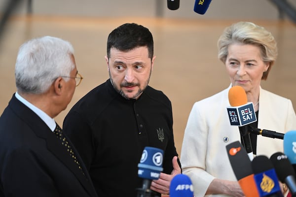 From left, European Council President Antonio Costa, Ukraine's President Volodymyr Zelenskyy and European Commission President Ursula von der Leyen speak with the media as they arrive for an EU Summit at the European Council building in Brussels, Thursday, March 6, 2025. (AP Photo/Harry Nakos)