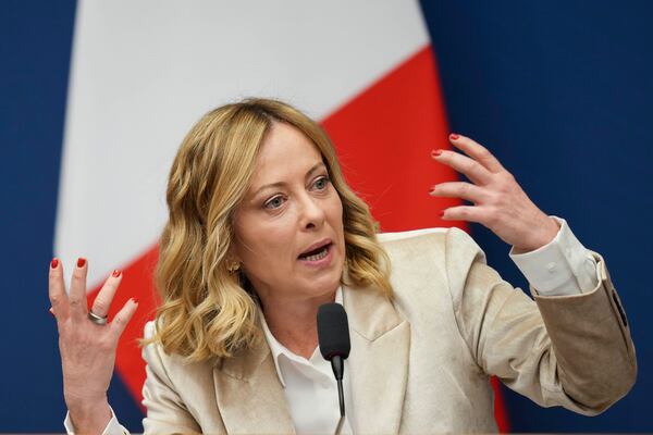 Italian Premier Giorgia Meloni holds the 2024 year-end press conference, in Rome, Thursday, Jan. 9, 2025. (AP Photo/Alessandra Tarantino)