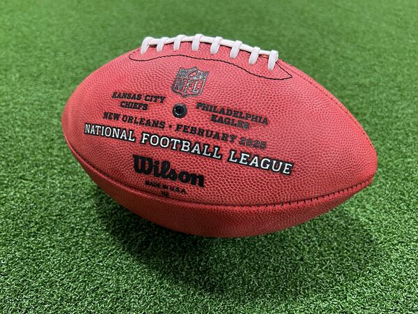 One of the official balls for the NFL Super Bowl football game is seen at the Wilson Sporting Goods football factory, Monday, January 27, 2025, in Ada, Ohio. (AP Photo/Patrick Aftoora-Orsagos)