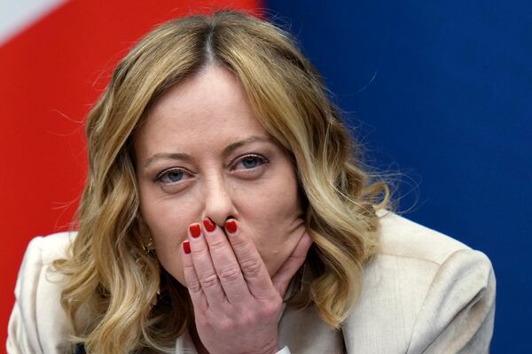 Italian Premier Giorgia Meloni holds the 2024 year-end press conference, in Rome, Thursday, Jan. 9, 2025. (AP Photo/Alessandra Tarantino)