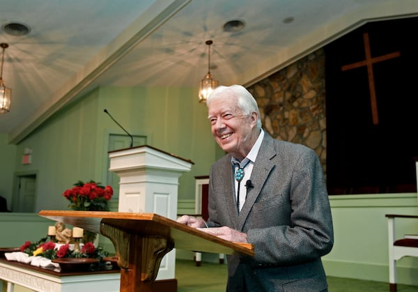 FILE - Former President Jimmy Carter teaches Sunday school at Maranatha Baptist Church in Plains, Ga., on Sept. 25, 2009. (AP Photo/John Bazemore)