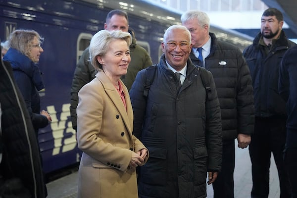 European Commission President Ursula von der Leyen and European Council President Antonio Costa arrive at a train station on the third anniversary of the Russian invasion of Ukraine, Kyiv, Ukraine, Monday, Feb. 24, 2025. (AP Photo/Efrem Lukatsky)