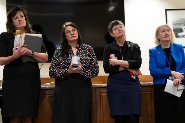 FILE - From left, Democratic state Sens. Kathleen Taylor, Sara Gelser Blouin, Elizabeth Steiner and Deb Patterson attend a press conference on the first day of the legislative session at the Oregon state Capitol, Monday, Feb. 5, 2024, in Salem, Ore. (AP Photo/Jenny Kane, File)