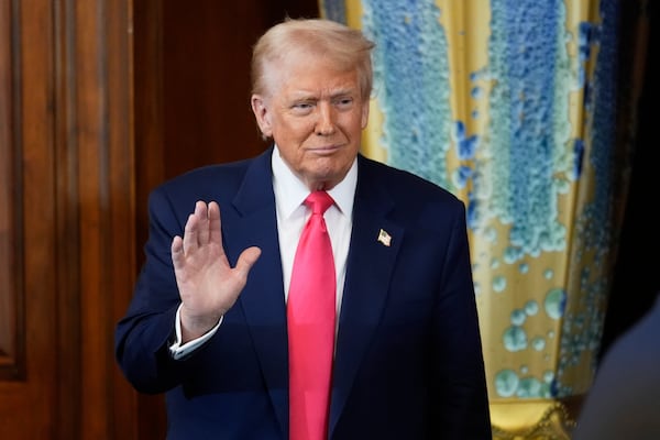 President Donald Trump arrives at the annual St. Patrick's Day luncheon at the Capitol in Washington, Wednesday, March 12, 2025. (AP Photo/J. Scott Applewhite)