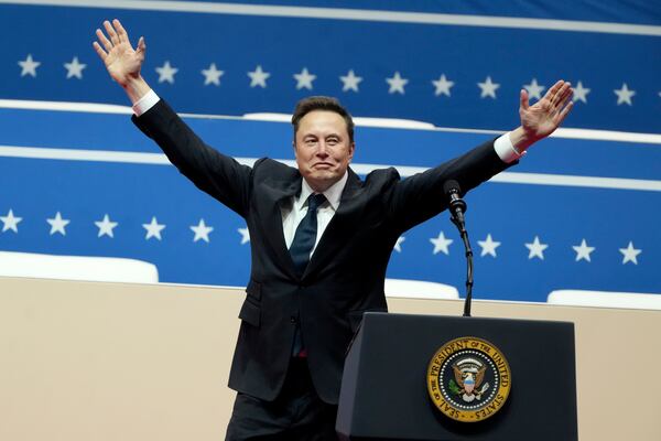 Elon Musk arrives to speak at an indoor Presidential Inauguration parade event in Washington, Monday, Jan. 20, 2025. (AP Photo/Matt Rourke)